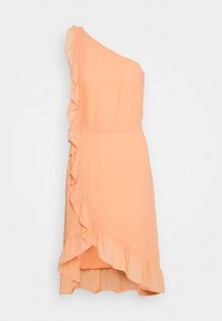 Robe pêche à une épaule avec un détail froncé le long de l'encolure et de l'ourlet, dotée d'une taille ajustée et d'un tissu léger et doux.