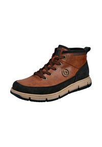 Braune und schwarze Leder-Stiefelette mit Schnürung, beiger Sohle und dekorativem rundem Emblem an der Seite.