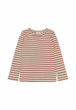 Hosszú ujjú csíkos ing, bordázott anyagból, piros és krémszínű vízszintes csíkokkal, kerek nyakkivágással és oldalsó gombos részletekkel.