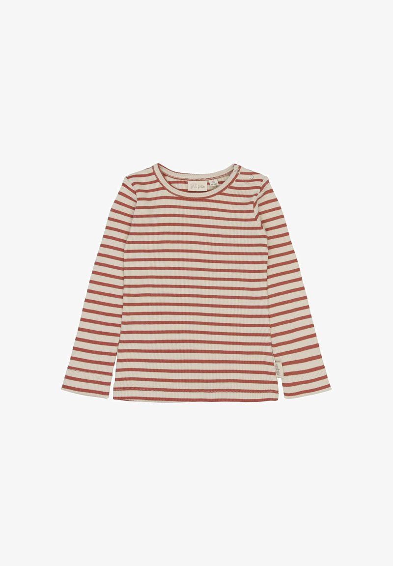 Hosszú ujjú csíkos ing, bordázott anyagból, piros és krémszínű vízszintes csíkokkal, kerek nyakkivágással és oldalsó gombos részletekkel.