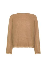 Maglione beige a maniche lunghe con scollo rotondo e dettagli in frange sui polsini e sull'orlo, su sfondo bianco.