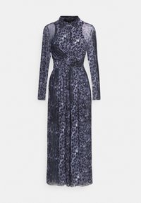 Langes, transparentes Kleid in dunklem Lila mit einem Leopardenmuster. Verfügt über einen kragenförmigen Ausschnitt, lange Ärmel und Raffungselemente an der Taille.