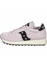 Light pink sneaker with black suede accents and logo, textured upper, round toe, lace-up closure, and white midsole with black rubber outsole.