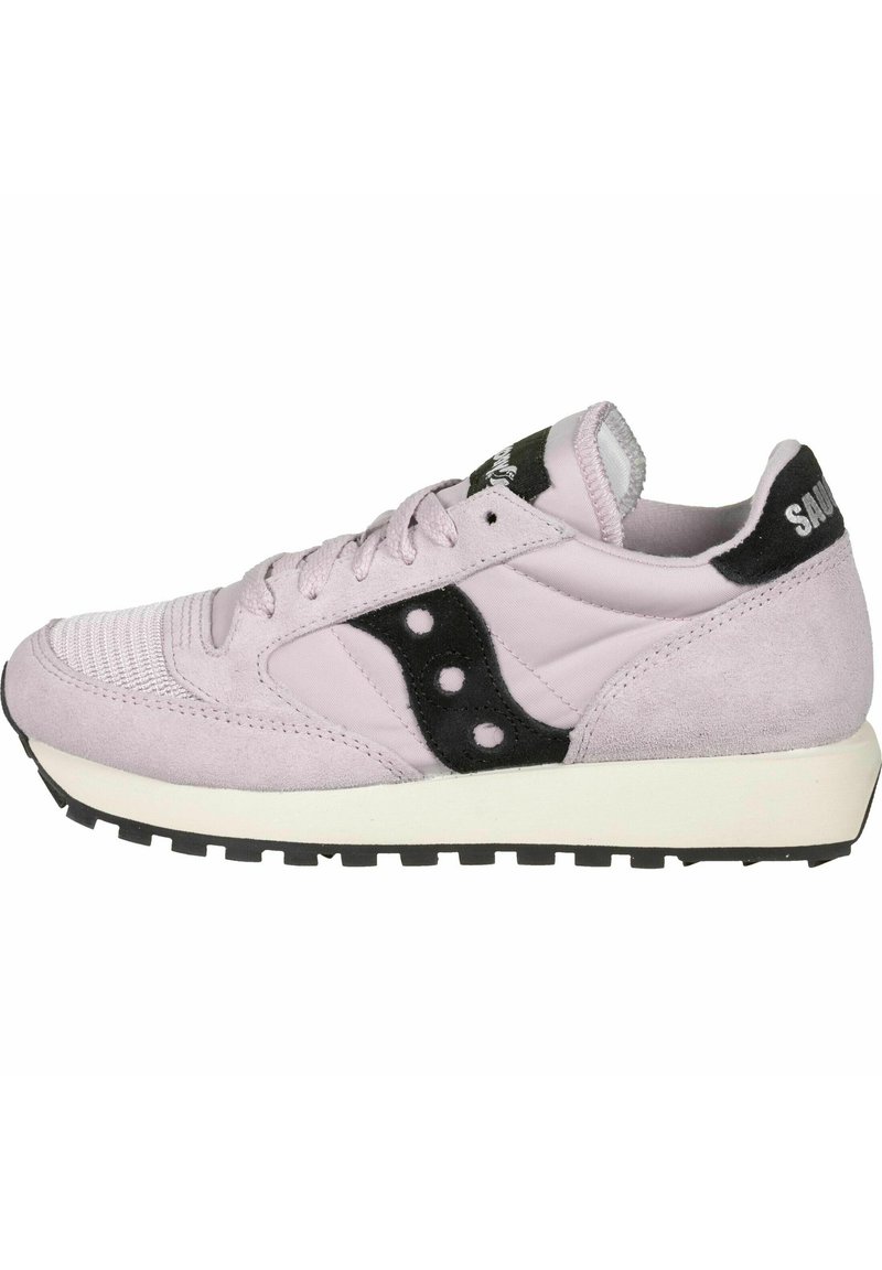 Light pink sneaker with black suede accents and logo, textured upper, round toe, lace-up closure, and white midsole with black rubber outsole.
