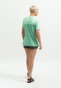 Groene twee-tone korte mouwen t-shirt in een relaxed fit, gemaakt van zachte stof. Gecombineerd met donkere shorts en sandalen, gezien vanaf de achterkant.