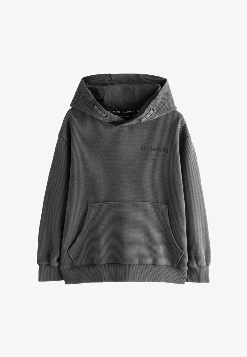 Sweat à capuche gris foncé côtelé avec poche kangourou à l'avant, capuche ajustable avec cordon de serrage, et logo "ALLSAINTS" sur la poitrine.