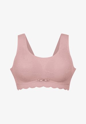 Roze kanten bh met brede bandjes, gegolfde randen en een strikaccent in het midden. Heeft een gladde, gestructureerde stof en een subtiel bloemenpatroon.