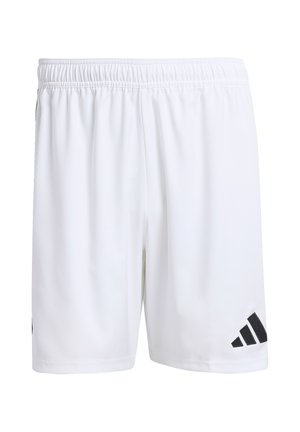 Shorts de sport blancs avec ceinture élastique et logo triangulaire noir sur la partie inférieure gauche de la jambe, affichés sur un fond uni.