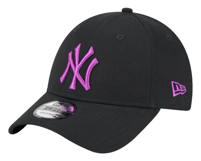 Black adjustable baseball cap with purple New York Yankees logo embroidered on front and purple New Era logo on side.