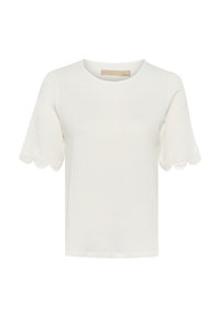 Weißes T-Shirt mit kurzen Ärmeln und Rundhalsausschnitt, mit geribbelter Textur und gewelltem Spitzenbesatz an den Ärmeln.