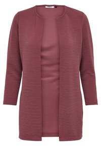 Długi rękaw, otwarty z przodu kardigan w odcieniu przykurzonego różu z poziomą teksturą prążkowaną i okrągłym dekoltem.