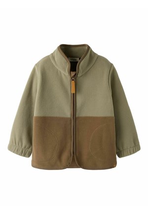 Veste polaire bicolore beige et marron avec fermeture éclair intégrale à l'avant, col montant, poignets élastiqués et poches avant arrondies.