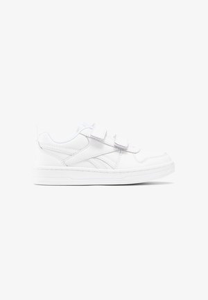 White sneakers made of synthetic leather, featuring a low-top design, two velcro straps, and a textured rubber sole. Minimalist stitching details.