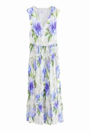 Robe blanche sans manches avec un profond décolleté en V, taille cintrée et grand imprimé floral violet avec des feuilles vertes, jupe longue plissée.