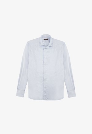 Lichtblauwe longsleeve shirt gemaakt van gladde stof, met een knoopsluiting aan de voorkant, een klassieke kraag en een subtiel verticale streepjespatroon.