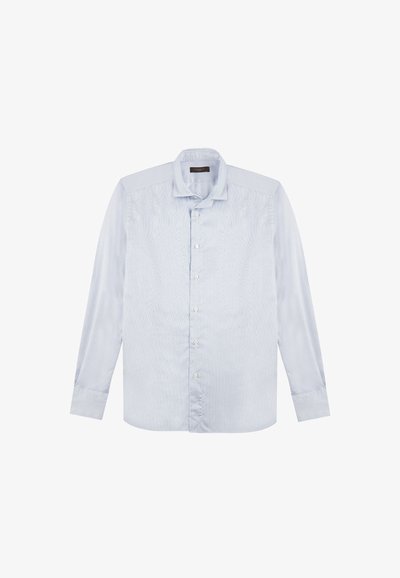 Lichtblauwe longsleeve shirt gemaakt van gladde stof, met een knoopsluiting aan de voorkant, een klassieke kraag en een subtiel verticale streepjespatroon.