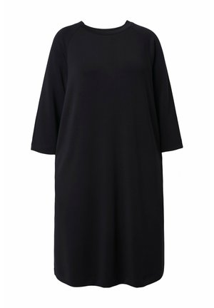 Schwarzes, übergroßes Kleid mit dreiviertellangen Raglanärmeln. Hergestellt aus weichem, glattem Stoff mit klassischem Rundhalsausschnitt und lässiger Passform.