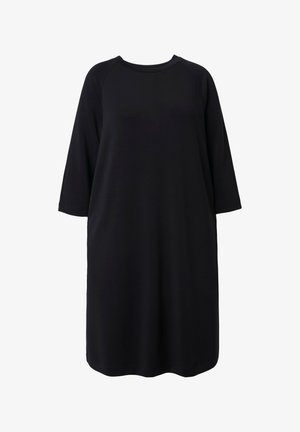 Schwarzes, übergroßes Kleid mit dreiviertellangen Raglanärmeln. Hergestellt aus weichem, glattem Stoff mit klassischem Rundhalsausschnitt und lässiger Passform.