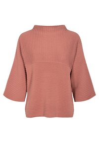 Žebrovaný top s krátkým rukávem v barvě starorůžové, s vysokým výstřihem a volným střihem. Měkká textura s horizontálními pruhy na látce.