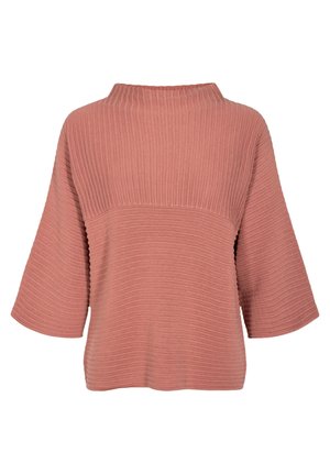 Raita, lyhythihainen paita pölyruusukkeen värissä, korkea kaulus ja laatikkomainen muoto. Pehmeä pinta, jossa on vaakaraitoja kankaan yli.