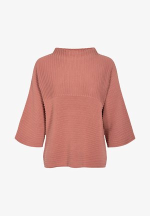 Geripptes, kurzärmliges Oberteil in staubigem Rosaton, mit einem hohen Ausschnitt und kastiger Form. Weiche Textur mit horizontalen Streifen über dem Stoff.