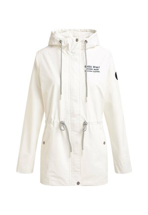 White hooded jacket with drawstrings, elastic waist, and black text on the chest. Features black accents on the sleeve and metal snaps.