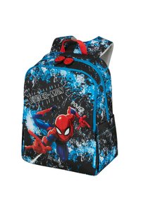 Mochila azul y negra con un gráfico de Spider-Man, con acentos y cremalleras rojas, material texturizado y correas ajustables acolchadas.