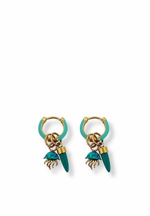Gold hoop earrings with turquoise enamel, each featuring hanging charms: a small jellyfish and a pointed teal pendant.