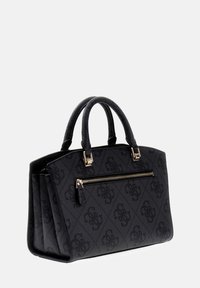 Zwarte lederen handtas met een patroonstructuur, dubbele bovenhandvatten, gouden accenten en een voorvak met ritssluiting. Rechthoekige vorm met gestructureerde zijkanten.