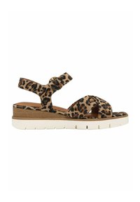 Sandalias de cuña con estampado de leopardo que cuentan con una parte superior de tela suave, tiras entrelazadas y una suela de goma blanca con acabado texturizado.