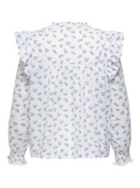 Witte blouse met lange mouwen, blauw bloemenpatroon, gerimpelde schouders en kanten details op de manchetten en achtertussenzetsel.