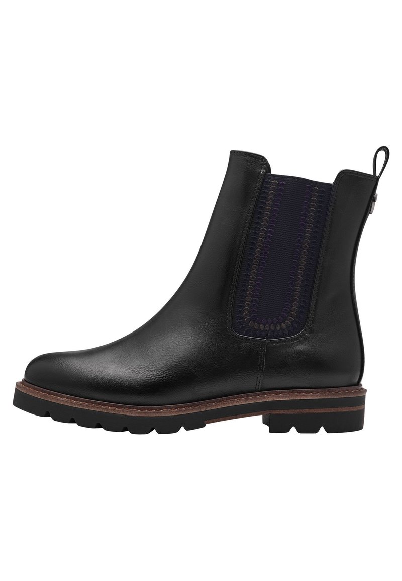 Botte de cheville en cuir noir avec un bout arrondi, panneau latéral élastique en violet foncé et une semelle épaisse et robuste avec un léger talon.