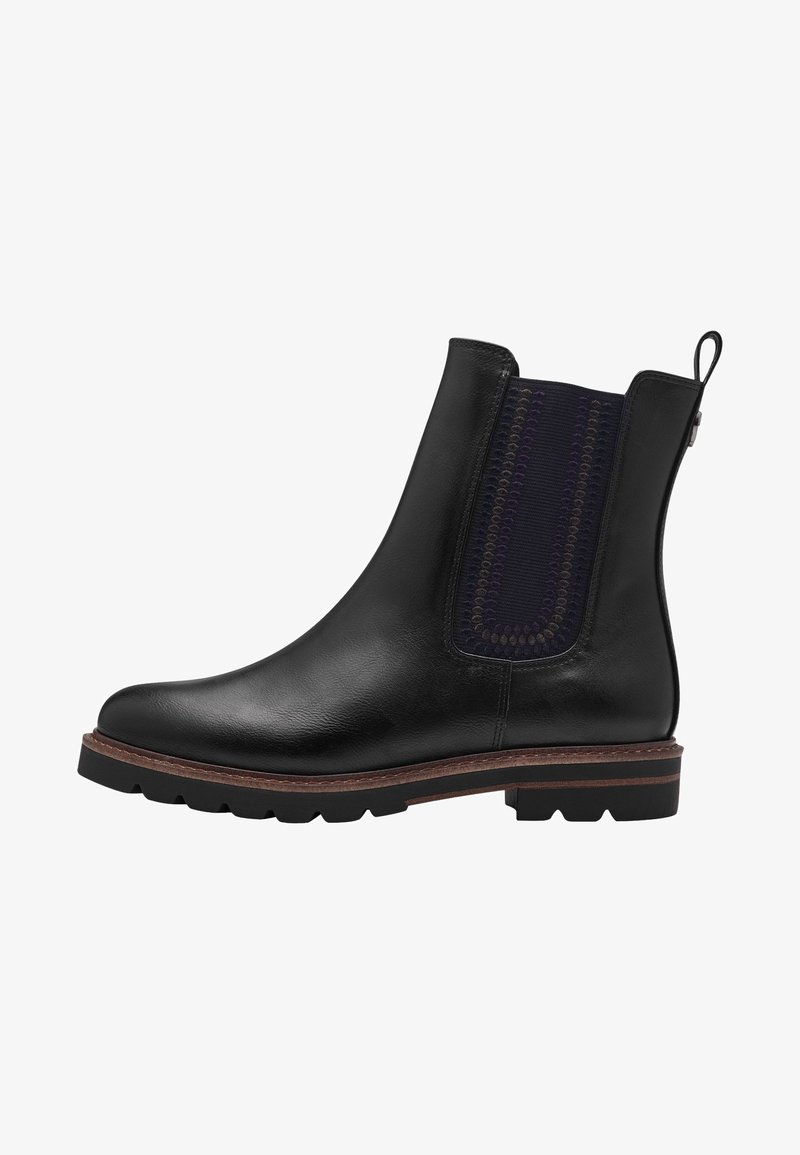 Botte de cheville en cuir noir avec un bout arrondi, panneau latéral élastique en violet foncé et une semelle épaisse et robuste avec un léger talon.