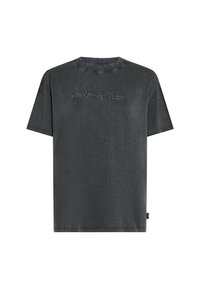 Zwarte katoenen T-shirt met een zachte, versleten textuur, korte mouwen en een reliëflogo op de voorkant. Klassieke ronde halslijn en boxy pasvorm.