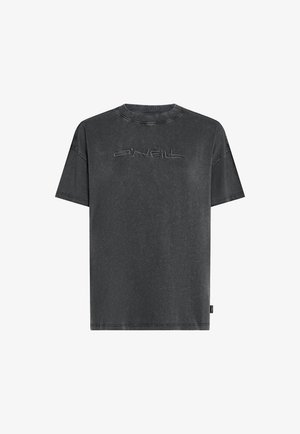 Čierne bavlnené tričko s jemnou, opotrebovanou textúrou, krátkymi rukávmi a vyrazeným logom na prednej strane. Klasický okrúhly výstrih a voľný strih.