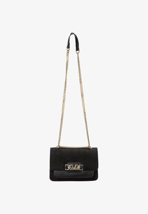 Black handbag with suede and leather materials, gold chain strap, rectangular shape, fold-over flap, and decorative gold hardware detail.