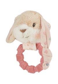Soft plush bunny head with floppy ears; pink textured silicone teething ring with embossed shapes; light tan and pastel color accents.