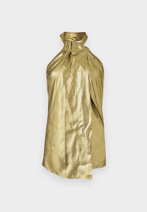 Χρυσό τοπ σατέν με halter, ψηλό λαιμό, draped ύφασμα και λεία υφή, με δεμένο λαιμόκοψη και ρέουσα σιλουέτα.