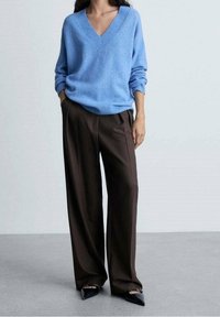 Světlomodrý svetr s výstřihem do V a žebrovaným límcem, doplněný tmavě hnědými širokými kalhotami s vysokým pasem a černými botami s špičatou špičkou.