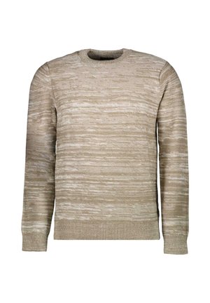 Beige pullovertrui met een gemarmerd, textuurpatroon. Beschikt over een ronde halslijn en ribgebreide manchetten en onderrand. Gemaakt van een zachte, gebreide stof.