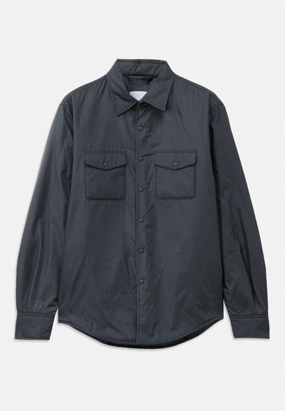 Dark gray long-sleeve shirt made of smooth fabric featuring a pointed collar, two chest pockets, and button closure down the front.