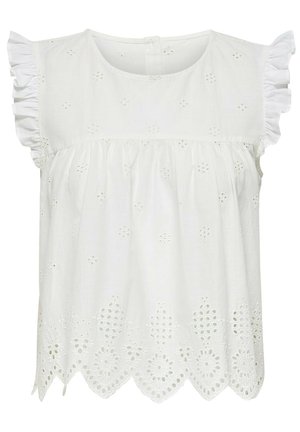 White cotton top featuring ruffled sleeves, embroidered eyelet detailing, and a scalloped hem with floral patterns. Button closure at the back.