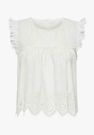 Bela bomba iz bombaža s volanastimi rokavi, vezenimi zankami in valovitim robom s cvetličnimi vzorci. Zapenjanje na hrbtu.