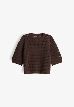 Brown short-sleeve knitted sweater with horizontal openwork stripes and ribbed cuffs and hem, laid flat on a white background.