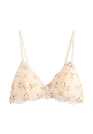 Bralette in pizzo color crema con motivo floreale, coppe morbide, spalline regolabili e bordi smerlati. Presenta accenti rosa chiaro e verdi.