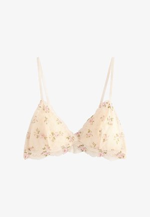 Bralette in pizzo color crema con motivo floreale, coppe morbide, spalline regolabili e bordi smerlati. Presenta accenti rosa chiaro e verdi.