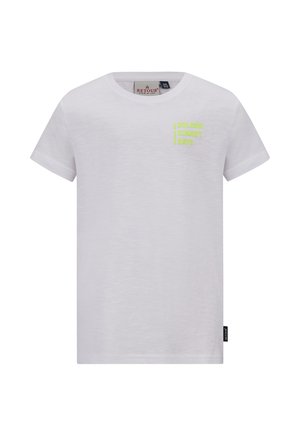 Weißes Baumwoll-T-Shirt mit kurzen Ärmeln. Mit "GOLDEN SUNSET DAYS" in Neon-Grün auf der linken Brust bedruckt. Reguläre Passform, minimalistisches Design.
