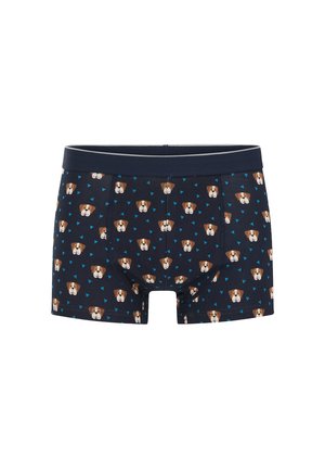 Marineblaue Boxershorts aus elastischer Baumwolle, mit einem sich wiederholenden Muster von Cartoon-Hundegesichtern und blauen Dreiecken. Kontrastierender Bund.