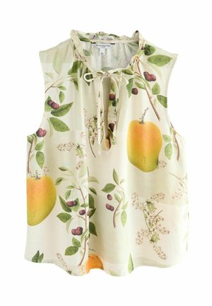 Ärmellose cremefarbene Bluse mit botanischem Druck von grünen Blättern, Kirschen, gelben Birnen und einer Schleife am Rüschenkragen.
