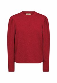 Crvena dugorukava majica od mekanog materijala. Ima okrugli izrez i nabore na ramenima, što pruža ležeran kroj.